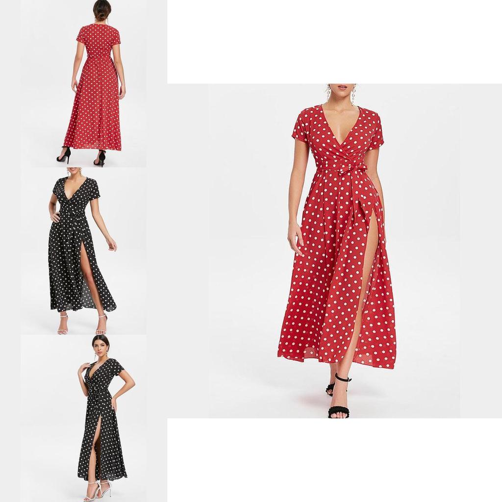 Women Short Sleeve V Neck Swing Dress With Elegant Polka Dot Print And Slit Detail
