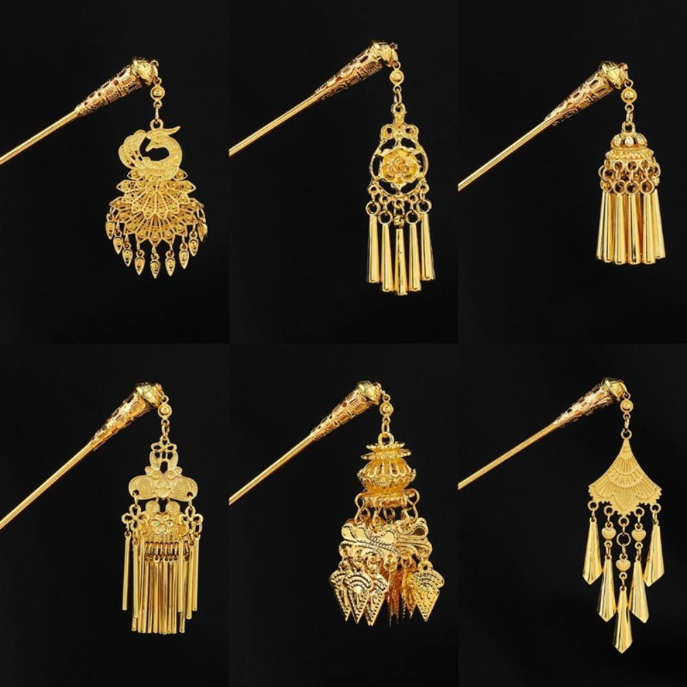 Ancient Thai Metal Flower Hair Fork Leaves Ethnic Style Hair Sticks Golden Tassels Hair Fork  Daily