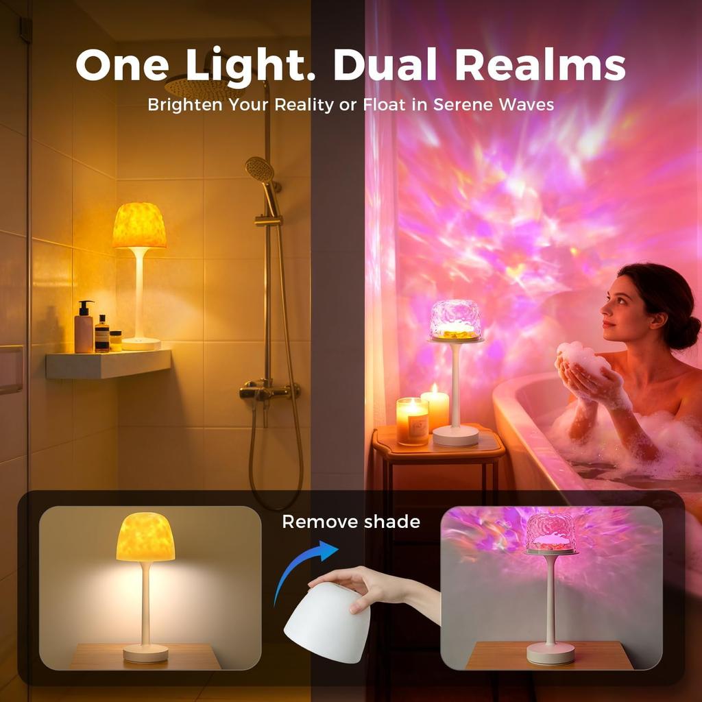 Waterproof Shower Lamp Rechargeable LED Ocean Projector Outdoor Table Lamps | 16 Color Ocean Wave Projection, Remote & Touch Control, USB-C