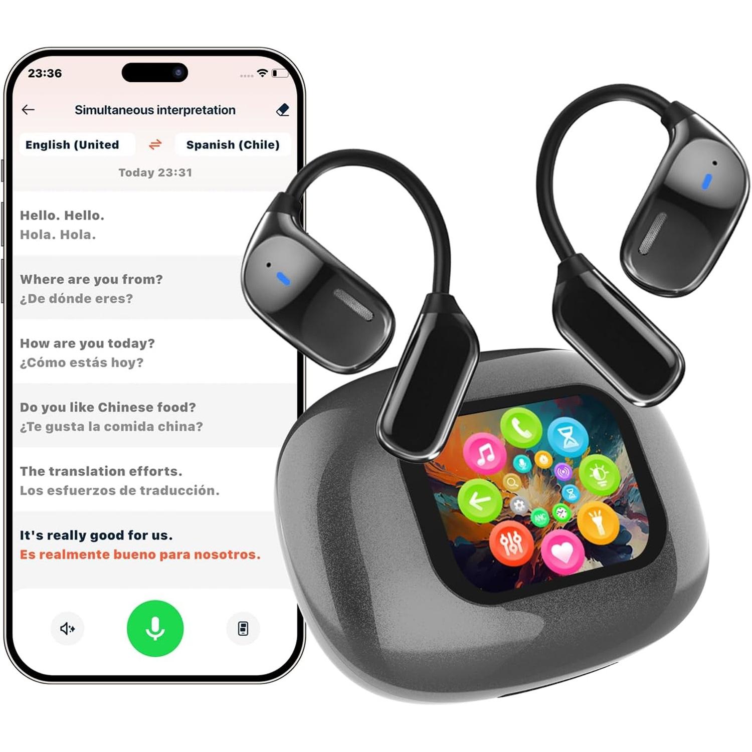 

AI Translation Earbuds Real Time 144 Language Touch Screen Noise Cancelling Wireless Headphone Translator Earphones for Travel Business Learning Grey