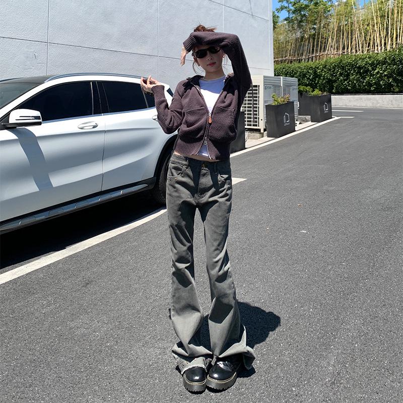 

Women s Ash Green Micro-Flare Jeans: 2025 Autumn/Winter Low-Waist Stretch Slimming Trumpet Pants Medium