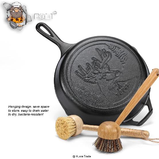 FOLI Bamboo Handle Dish Scrub Brushes - Wooden Cleaning Scrubbers with Stiff Bristles for Washing Kitchen Cast Iron Pan Pot (2PCS with Sisal & Palm