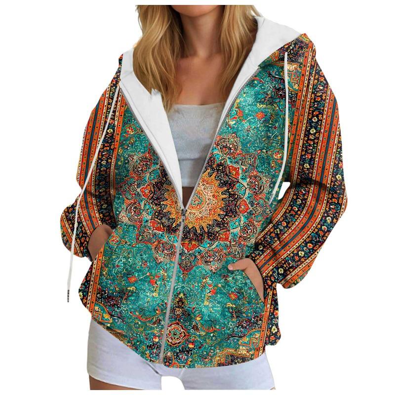Vintage Printing Oversized Women'S Cardigan Hoodies Jacket Trendy Stylish Hooded Sweatshirt With Pockets Casual Zipper Hoodie