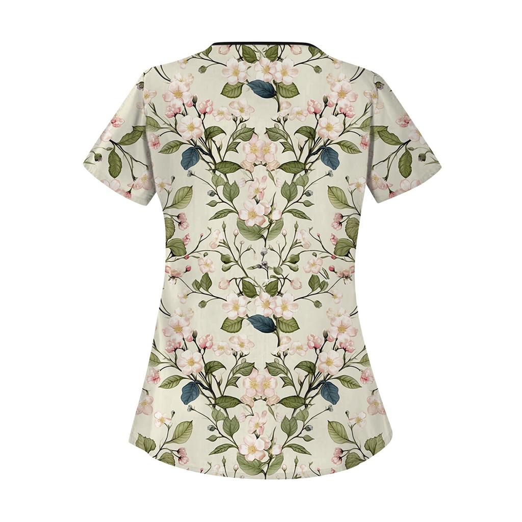 Women's Printed Work Clothes, Sloping Collar And Double Layer Pockets, Basic Top Pullover