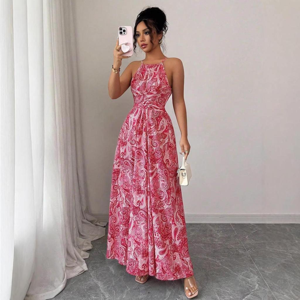 Ethnic Style Women's Halter Maxi Dress - Slimming Waist, Elegant for Beach Vacations