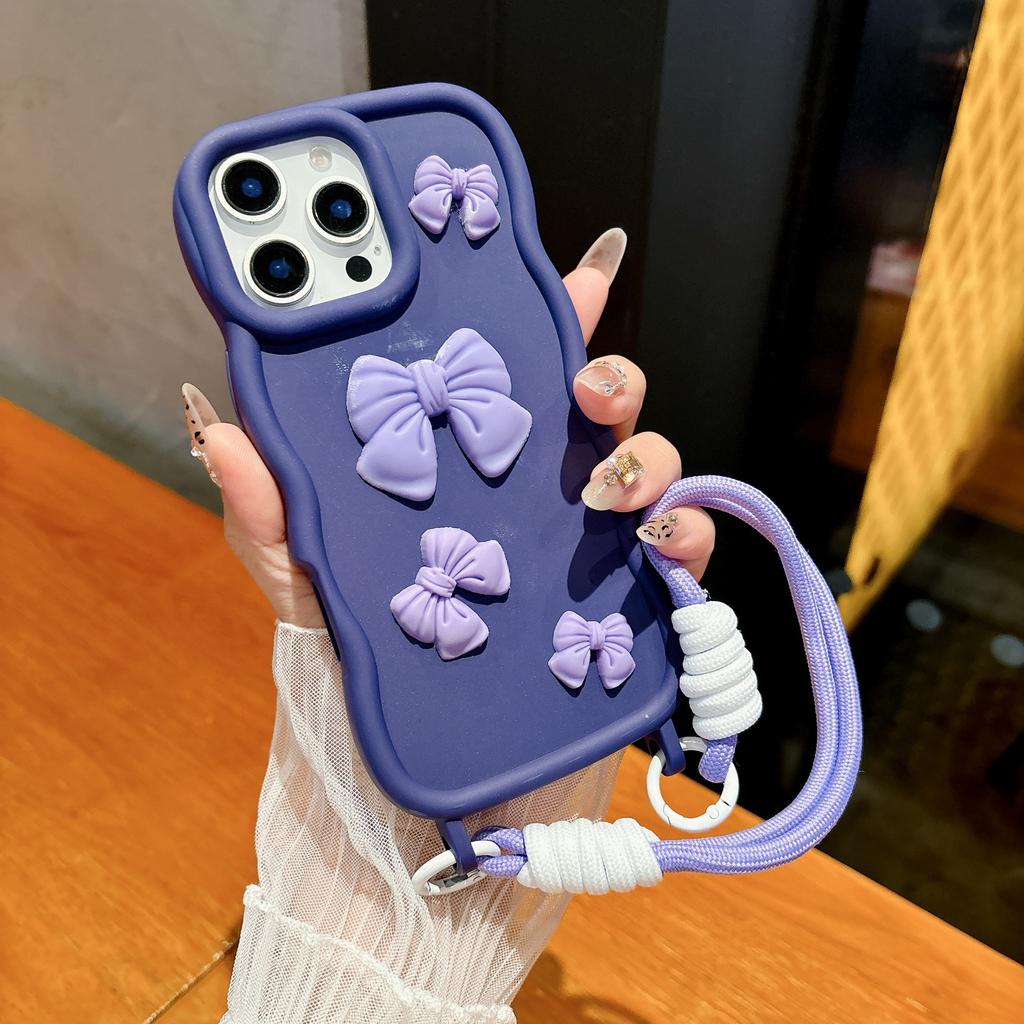 For IPhone 16 Phone Case All Inclusive Bow Tie 15 Promax for Apple 14 One-piece Lanyard Hole Large Wave Case
