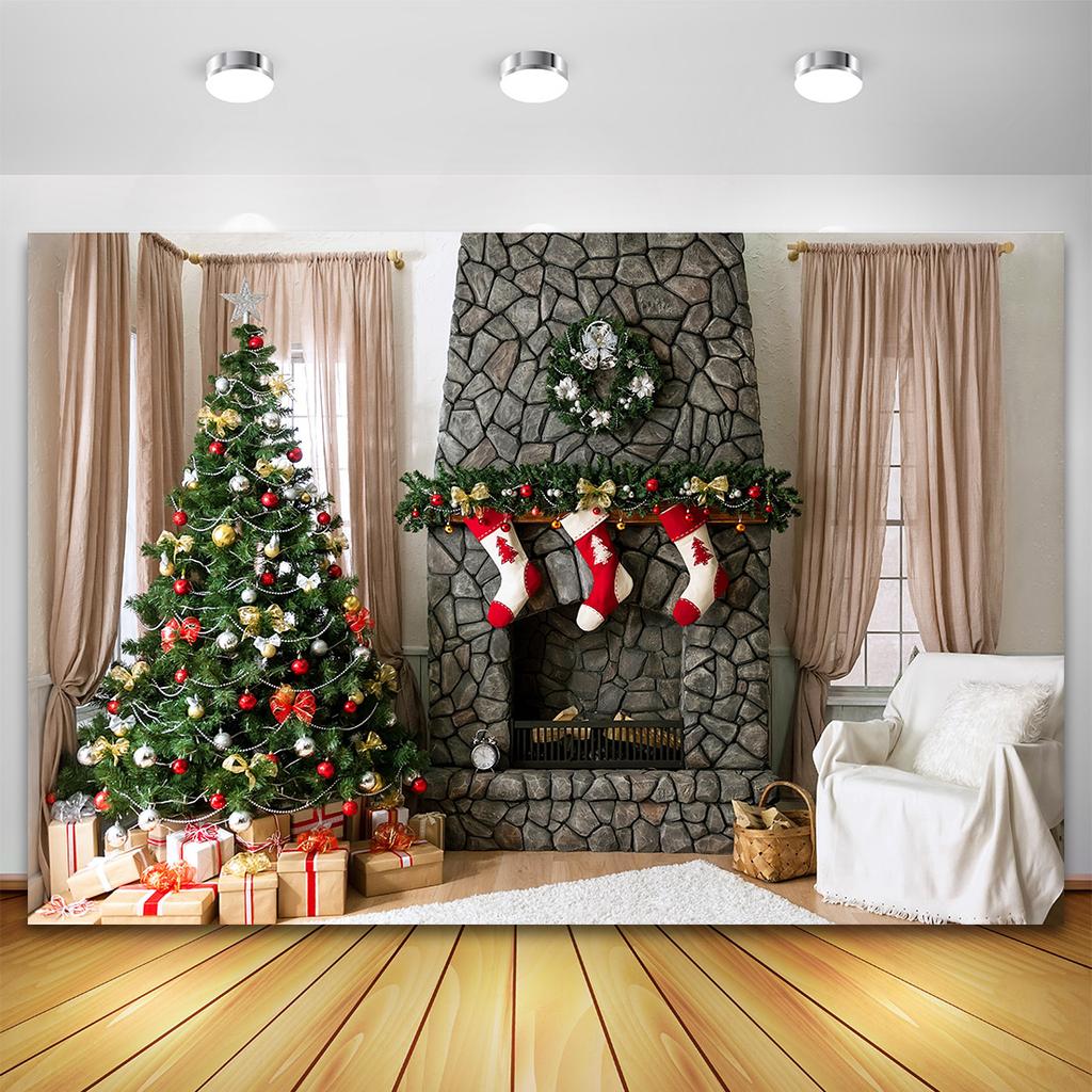 Christmas Tree Flower Wreath Wooden Gift Photography Backdrop Window Fireplace Fire Xmas New Year Party Background Photocall