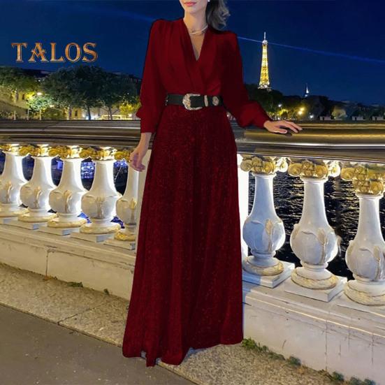 Women's Sequins Jumpsuits Long Sleeve V-Neck Shirt Sparkly Belted Wide Leg Romper Evening Party Overall Pants