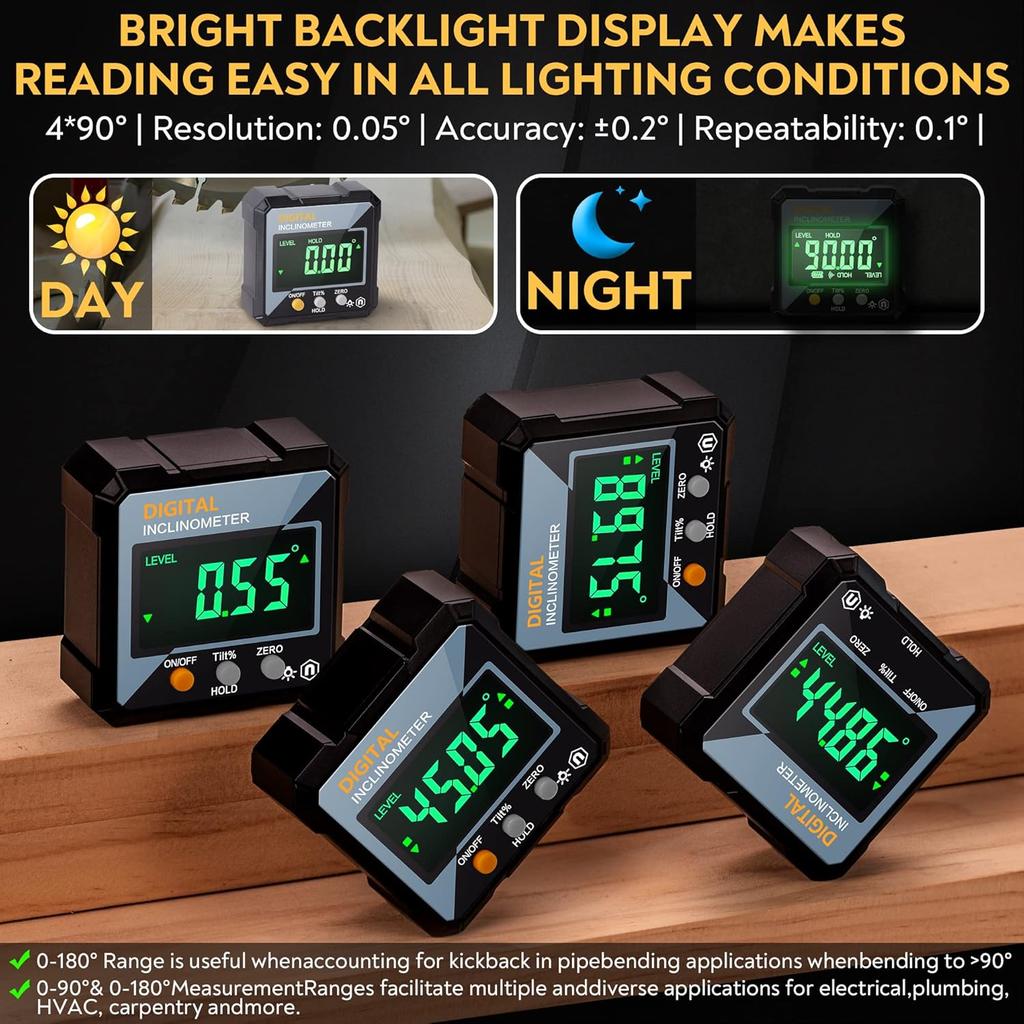 2-in-1 Digital Angle Gauge & Inclinometer – Magnetic Electronic Leveler & Protractor for Woodworking Construction & Machinery