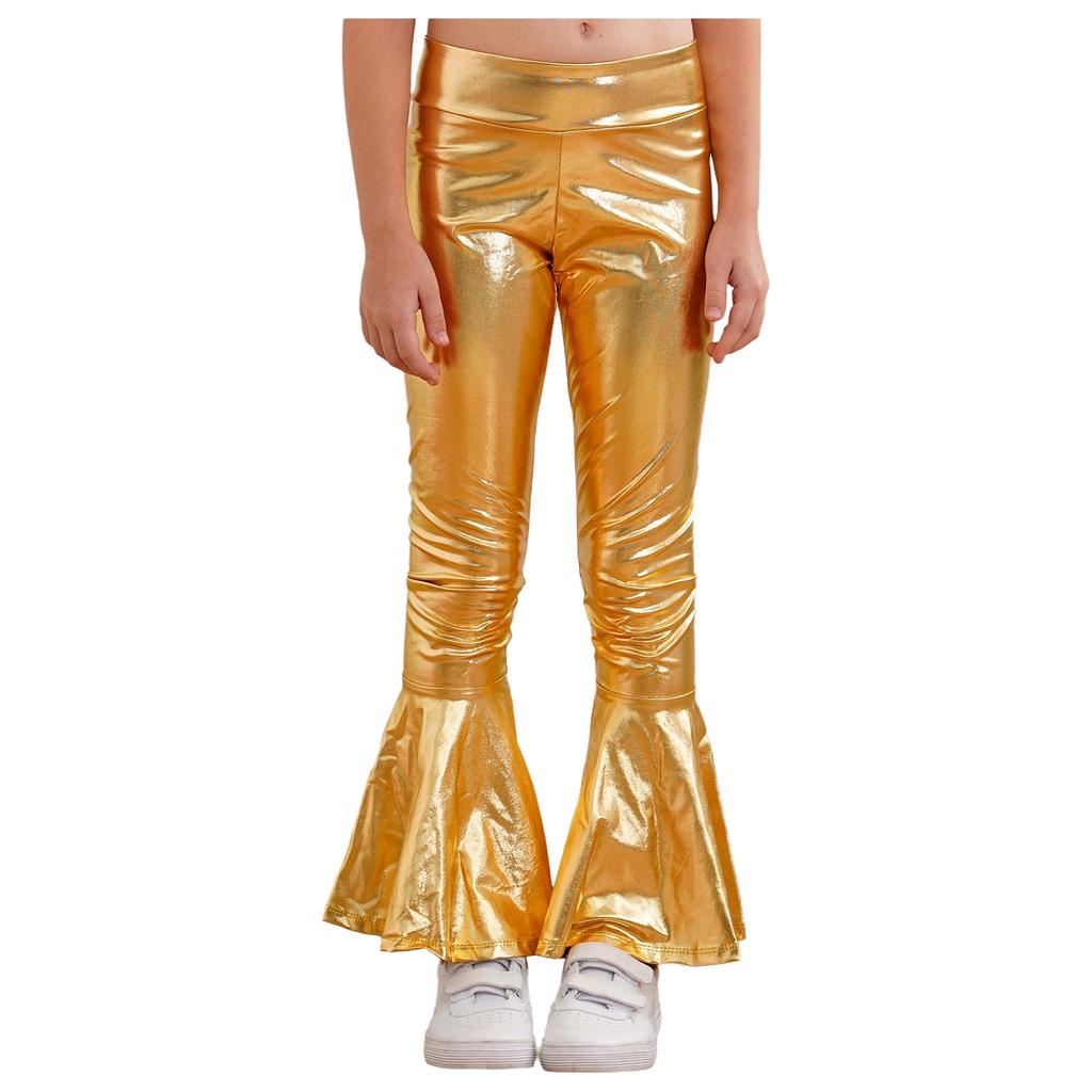 Girls Performance Pants Elastic Waistband Bronzing Cloth High Waist Design Ruffle Hem Bell Bottom