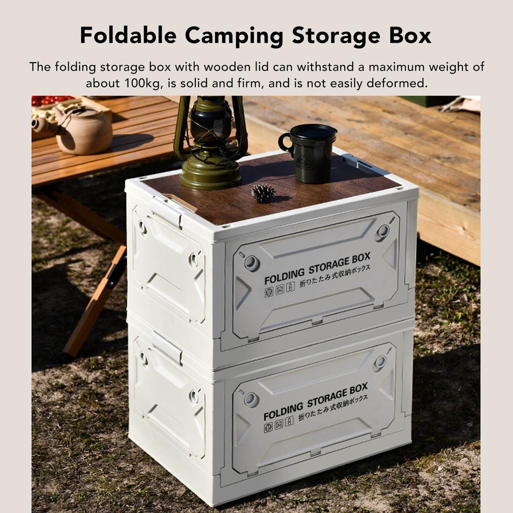 Folding Camping Storage Box with Wooden Lid Collapsible Storage Bin Container with Wheels for Car Camping Picnic