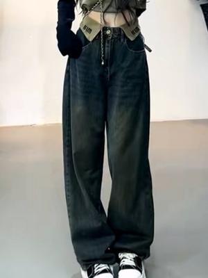 Calça jeans feminina com cintura alta e estampa de letras, outono de 2024, cintura alta, solta, justa, perna larga, calça mop.