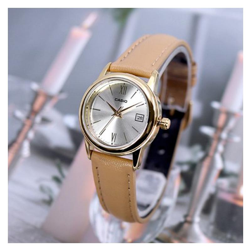 Casio CASIOSTANDARD Series Simple Small Round Watch Business Casual Versatile Small Dial Date Display Quartz Movement Leather Strap LTP-V002GL-7B3