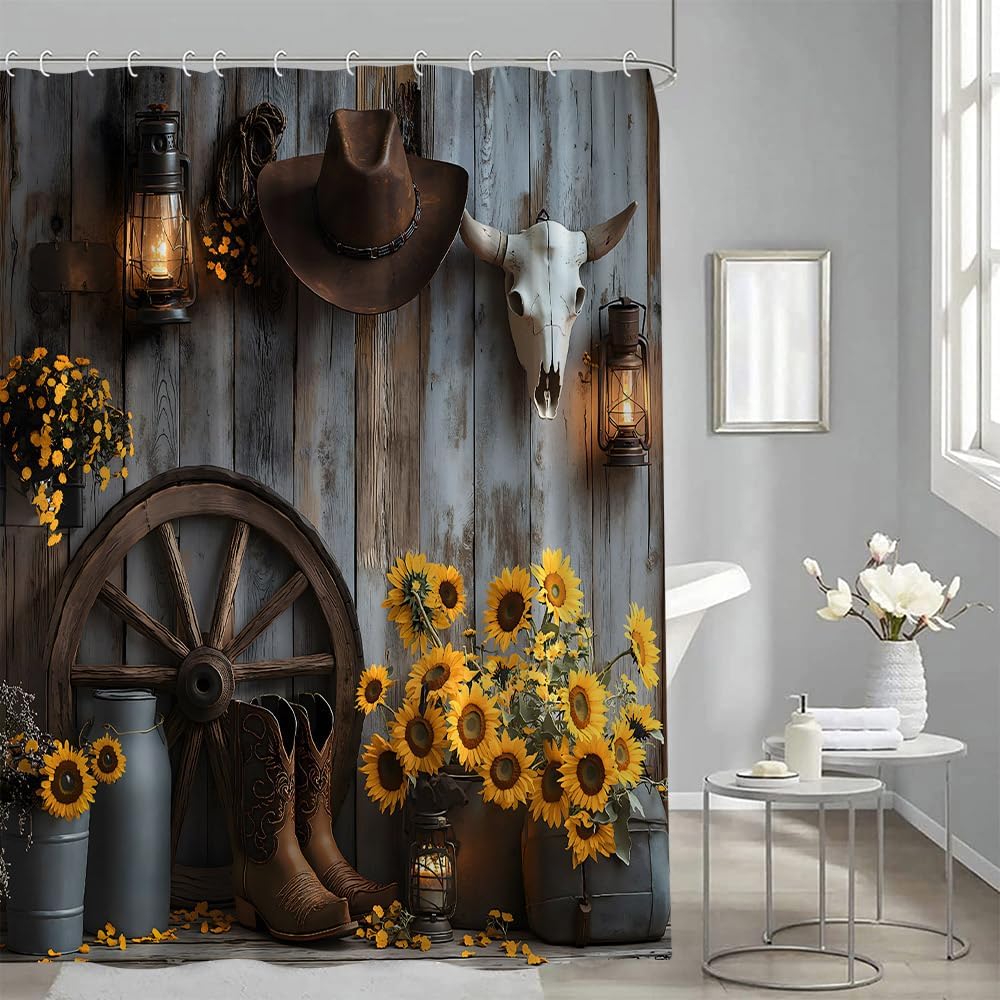 Western Cowboy Shower Curtain Farmhouse Barn Door Southwest Country Ranch Cowboy Boots Floral Rustic Southwestern Theme Bathroom