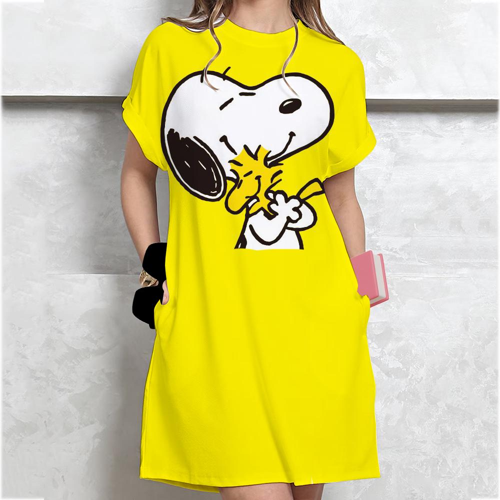 

Жіноча вільна літня сукня з коротким рукавом великого розміру з принтом Snoopy, міні-сукня в стилі футболки, літня повсякденна вільна сукня XXXL
