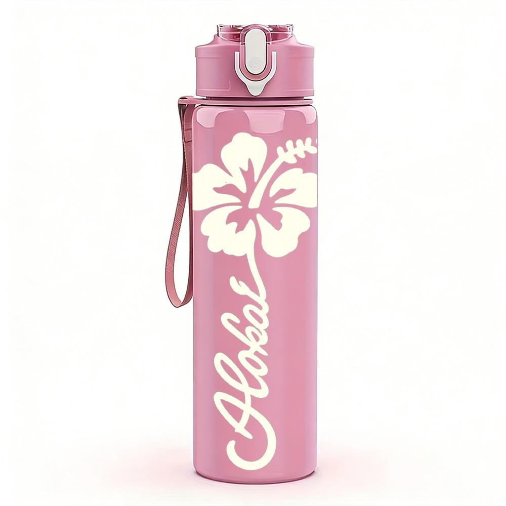 1PC Hibiscus Flower Line Drawing 750ml Color Plastic Sports Water Bottle Leakproof Flip Straw Lid Suitable for Sports Office Home Use