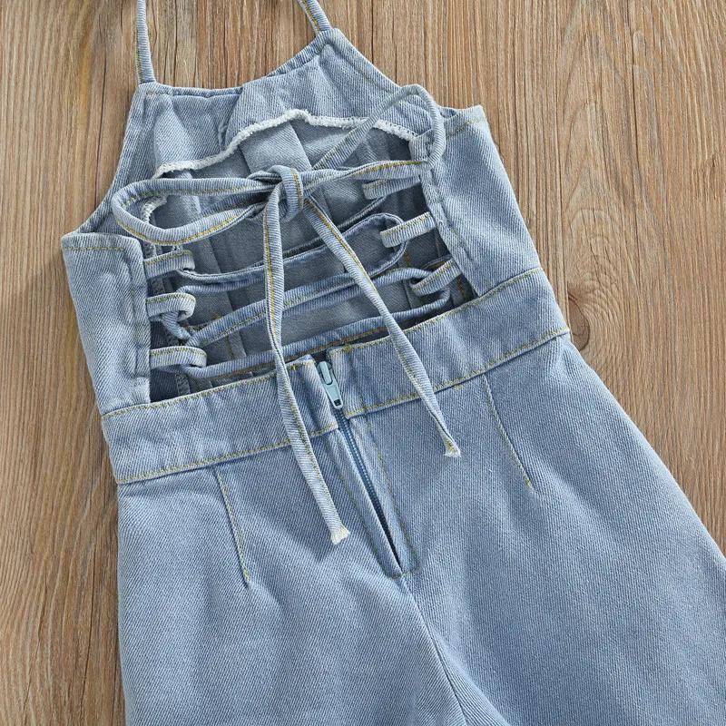Kids Girls Denim Jumpsuit Tie Up Halter Neck Sleeveless Solid Blue Denim Long Playsuit For Girls