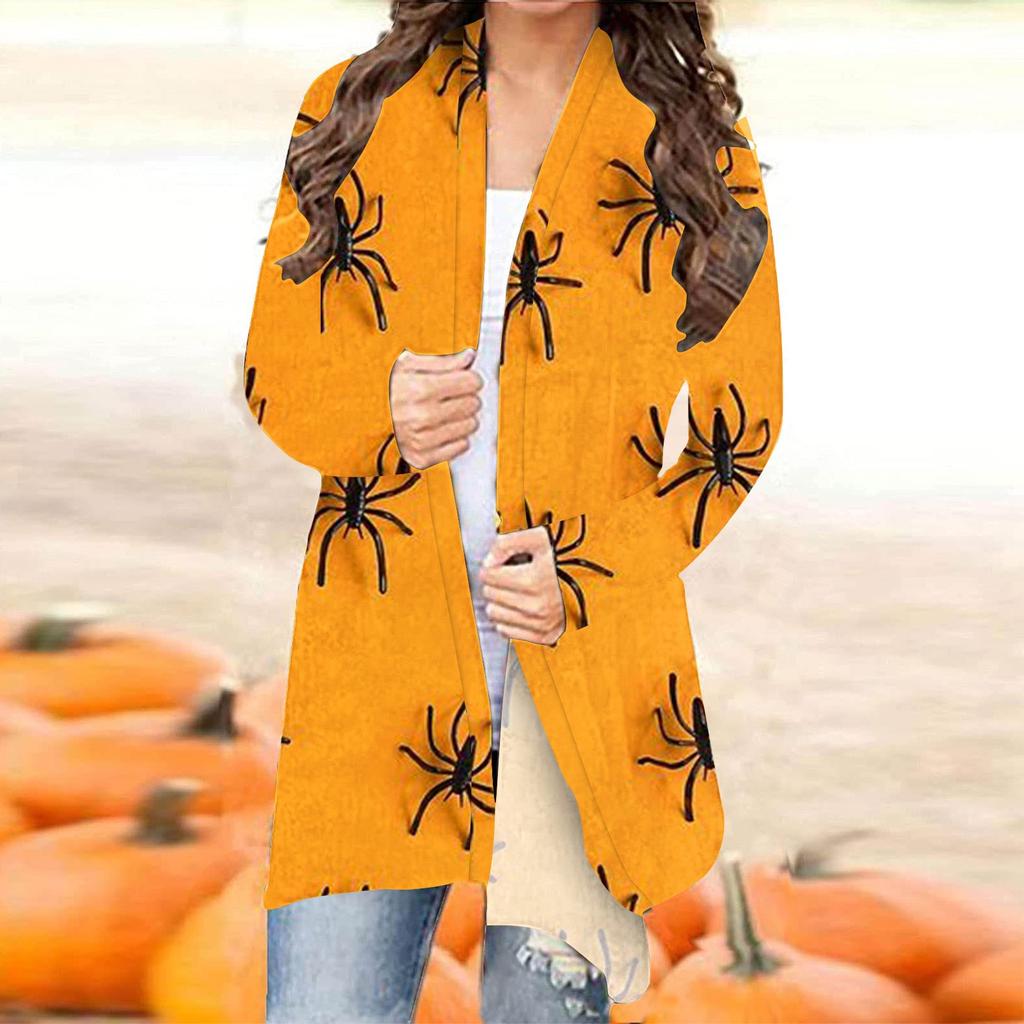 Women's Fashion Casual 2022 Halloween Print Medium Length Cardigan Jacket Coat