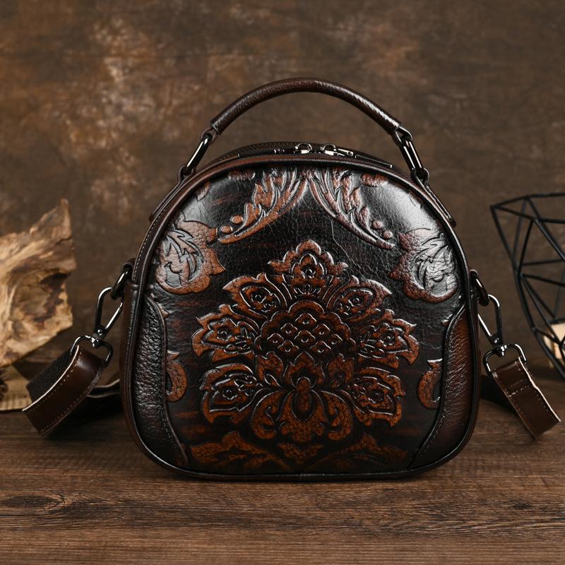 Women's Bag, Genuine Leather Retro Small Round Bag, Casual Single Shoulder Diagonal Cross Handbag, Mom Bag, Middle-aged Women's Bag