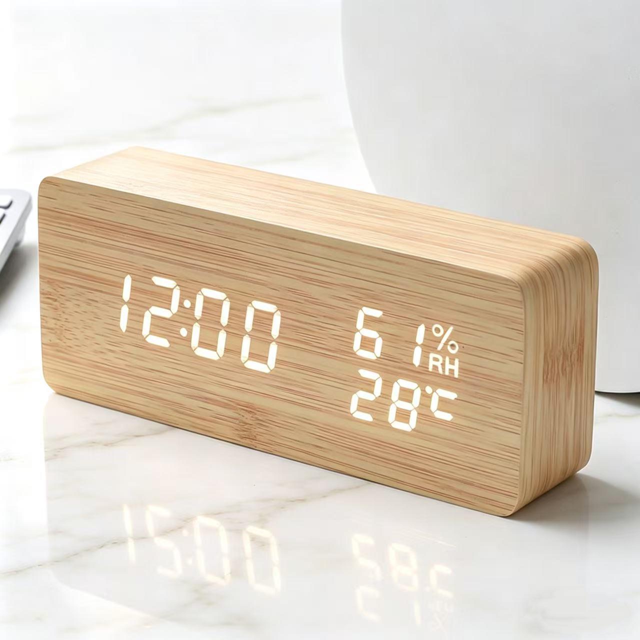 LED Wooden Digital Clock with Perpetual Calendar, Voice Activation, and Alarm Function