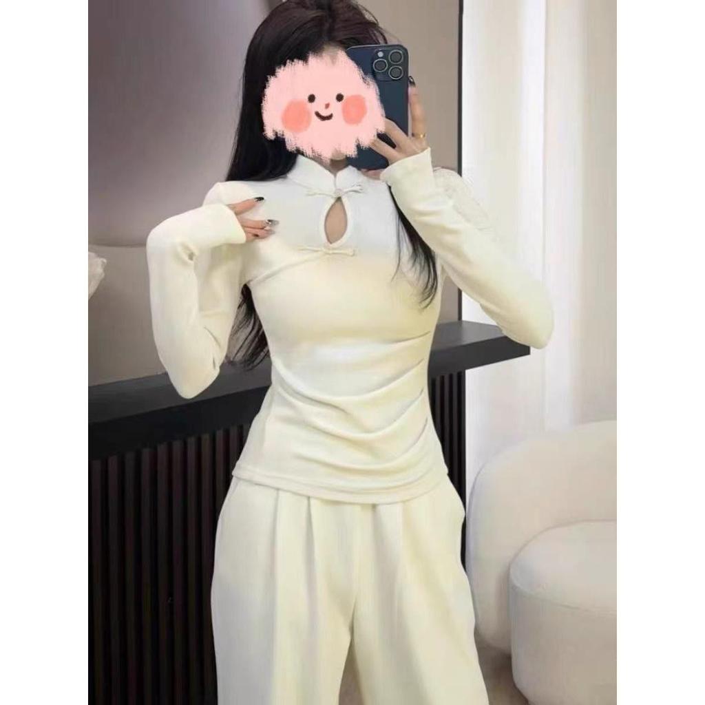 Spring 2025 Women's Slim Fit Long Sleeve Chinese High Neck Frog Button Top