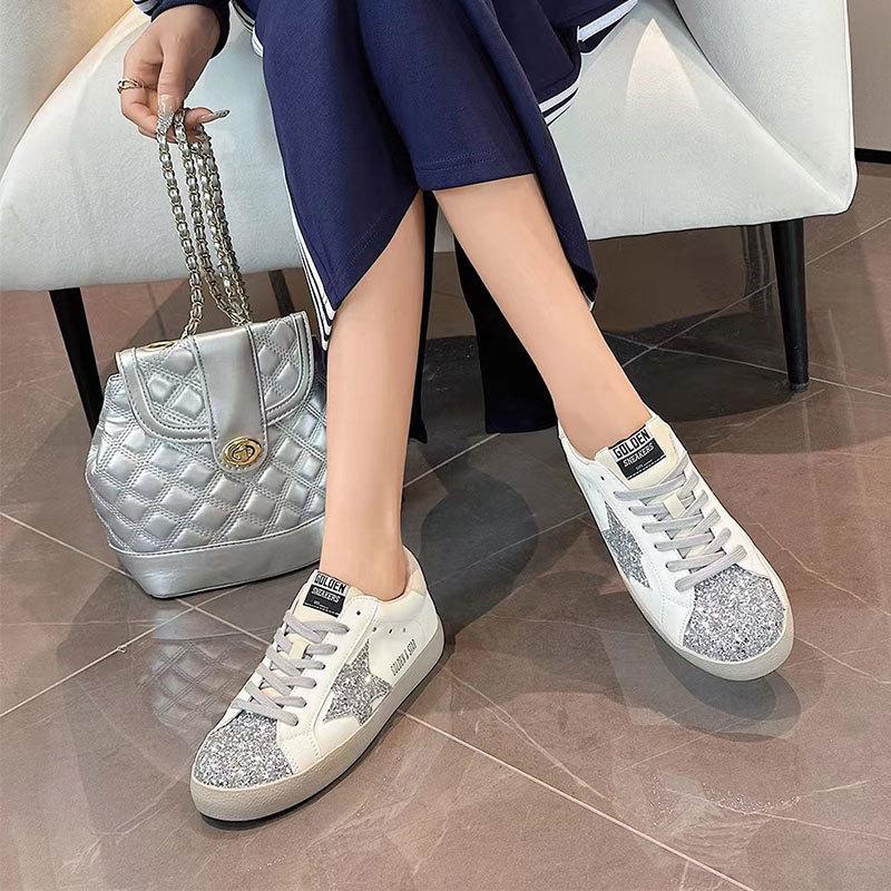 Spring  new  Leather flash diamond star shoes women's  mint mambo retro color matching wear casual Internet celebrity board shoes