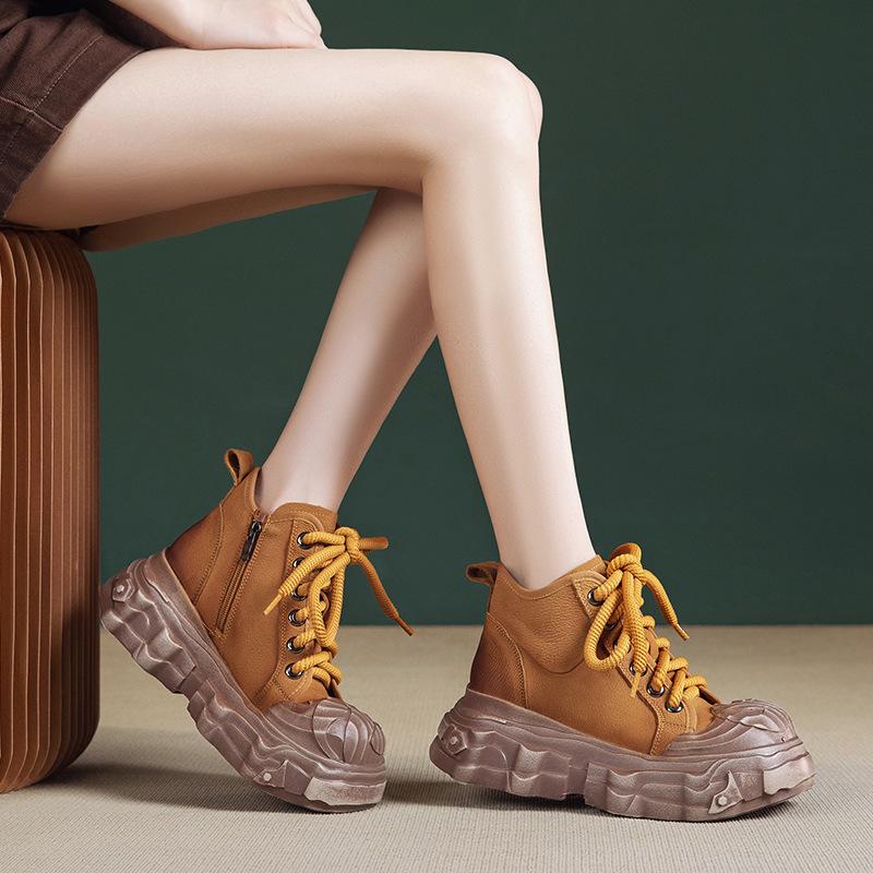 Women's Genuine Leather Thick-Soled Martin Boots - British Style Retro Brown Cowhide Short Boots for Autumn/Winter 2025