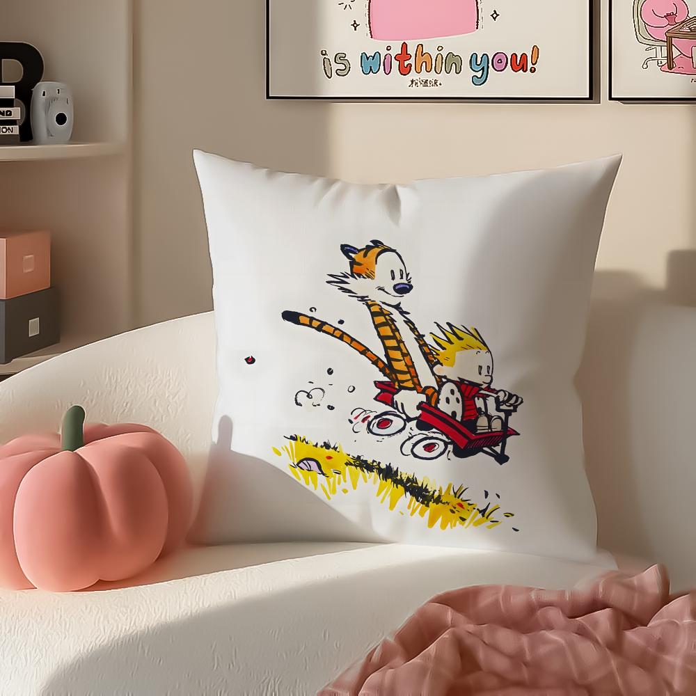 Cartoon CCalvin and HHobbesES Cushion Cover Pillowcase Short Plush Invisible Zipper Room Sofa Cushion Cover