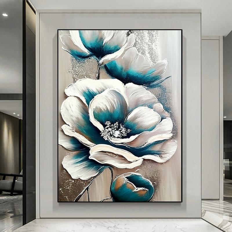 Abstrakt Oljemålning av Blommor och Blad Tryckt på Duk Vita Blommor Affischer Blommiga Tryck för Vardagsrum Veranda Väggdekoration
