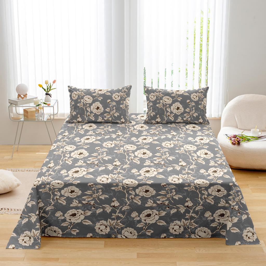 Kuup Bequemes Atmungsaktives Bettwäscheset Queen King Size Blumenmuster Flockierung Bettbezug Bettlaken Kissenbezug Bettwäscheset