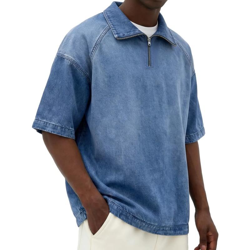 Mens Casual Washed Denim Half Zip Polo Collar Short Sleeve Shirt S