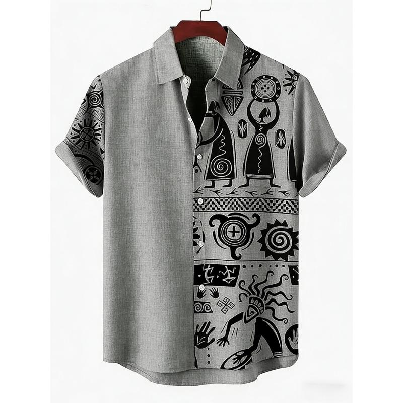 Men's New Ethnic Style Tribal Pattern 3D Printed Shirt Hawaiian Tropical Short-sleeved Linen Breathable Outdoor Clothes for Men