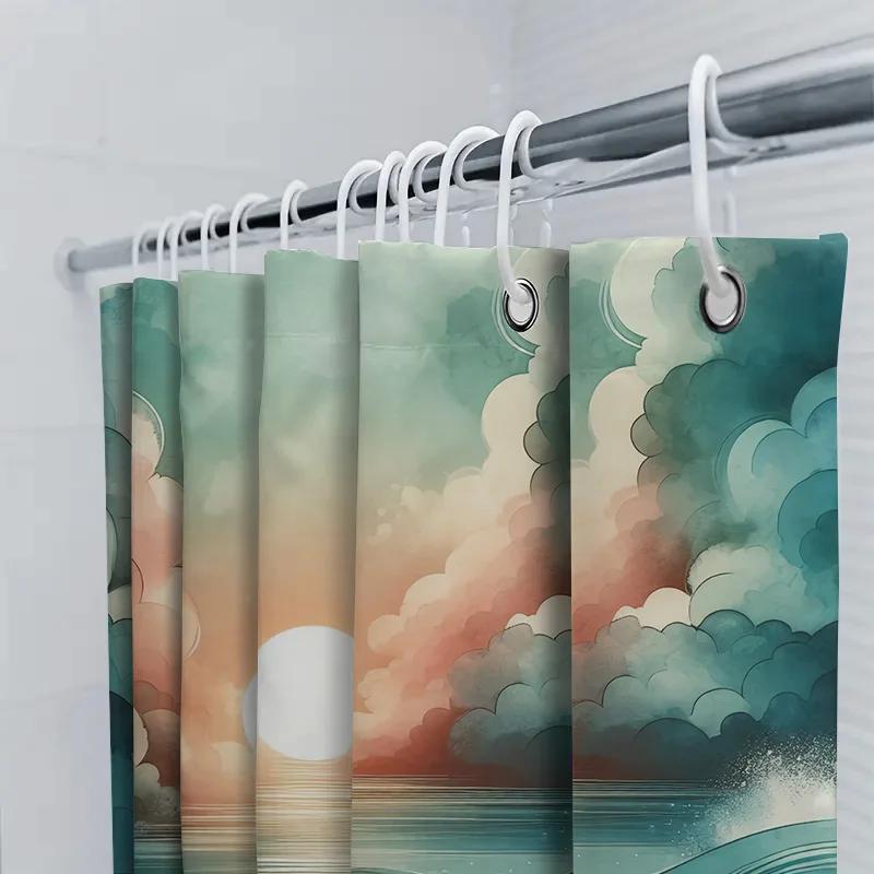 Sunset Waves Shower Curtain Watercolor Sunburst Pattern For Bathroom Decor Modern Artistic Print Fabric Shower Curtain Waterproo