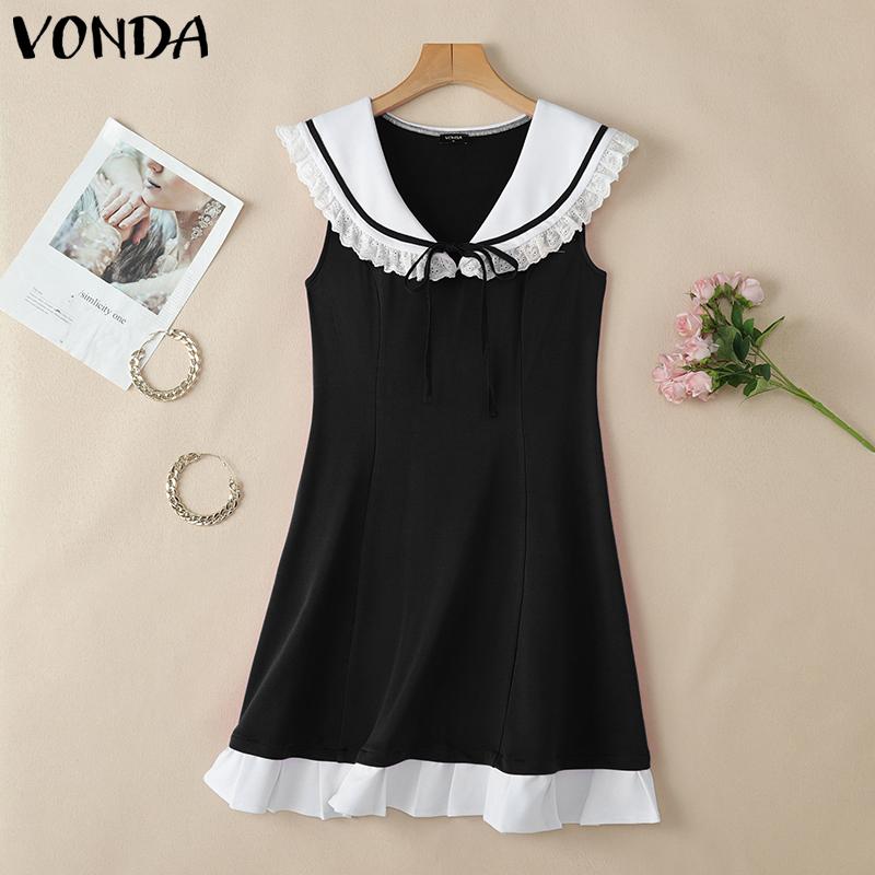 

VONDA Summer Women Lace Hem Naval Collar Sleeveless Ruffled Casual Dress S чёрный