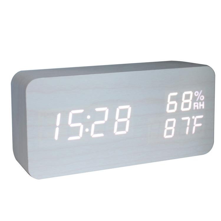 Rectangular Home Bedroom Electronic Temperature and Humidity Alarm Clock USB Voice Control LED Brightness Adjustment Digital Wood Clock