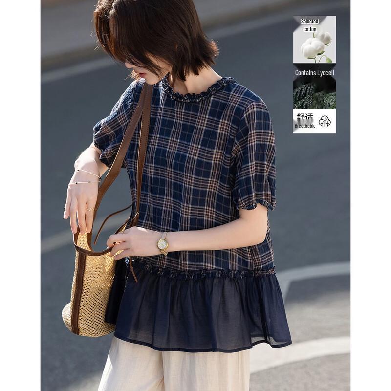 Women s Summer Ruffle Plaid Short Sleeve Blouse L