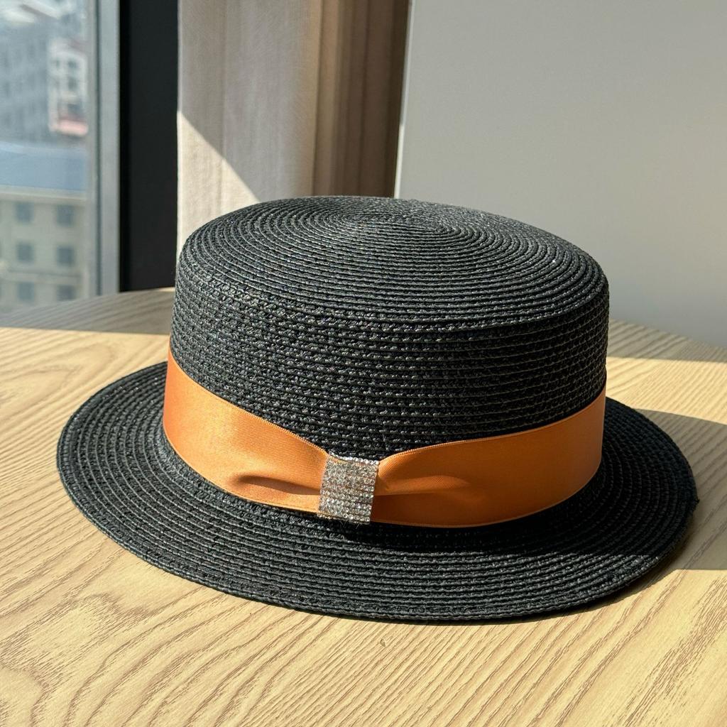 Female Elegant Top Hat French Big Head Circumference Hat Flat Top Straw Hat Seaside Vacation Sun Hat