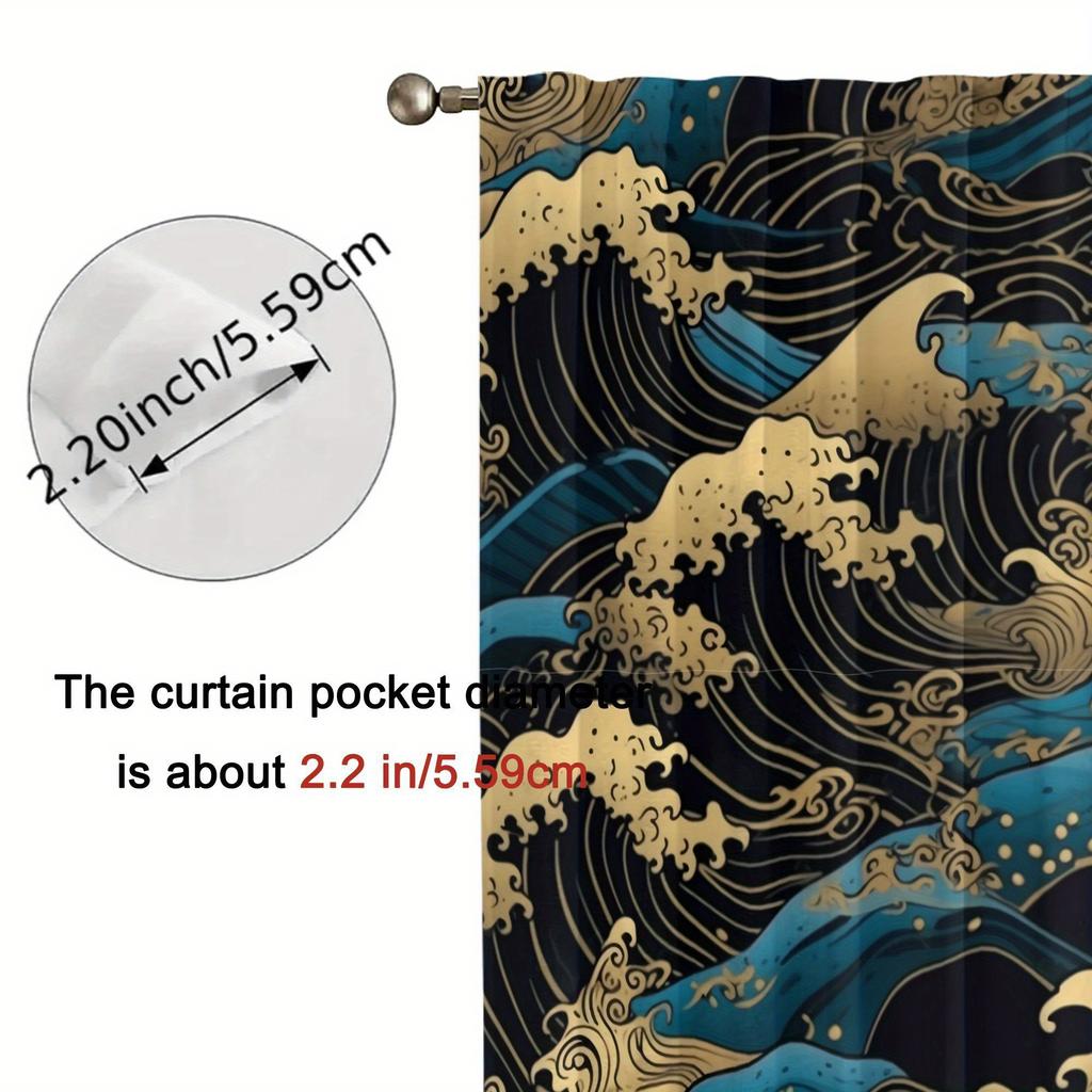 2pcs Japanese Great Wave off Kanagawa Blackout Curtains - Vintage Style, Rod Pocket Design, Machine Washable Polyester