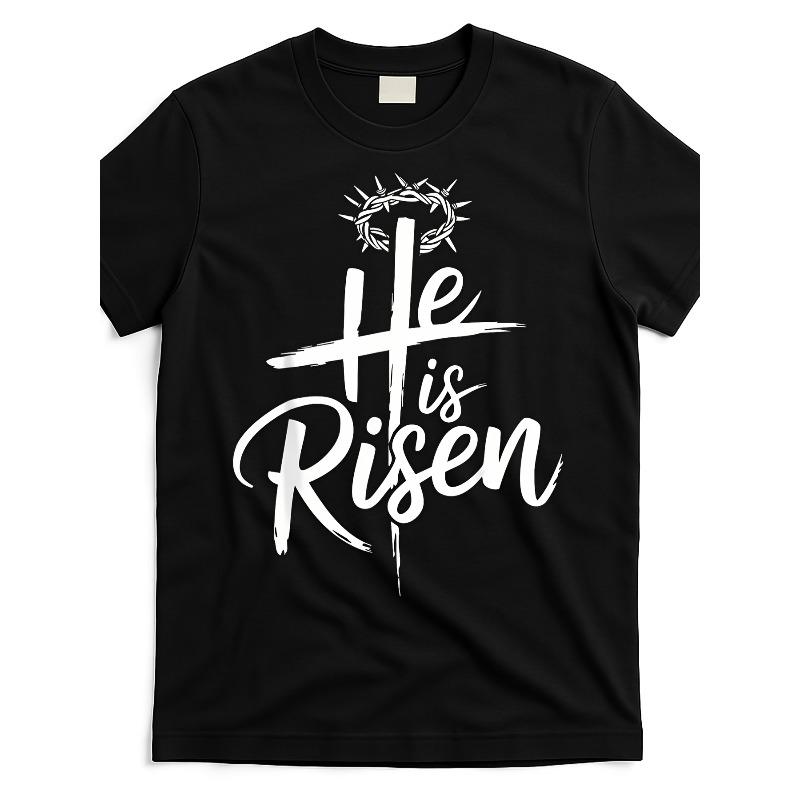 He Is Risen Cross for Religious Christian Easter T Shirt Same Style 2026 Summer Short-Sleeved Printed T-Shirt S