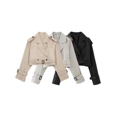 Women Fashion with Belt Cropped Trench Jacket Vintage Notched Neck Long Sleeve Female Chic Lady Coat