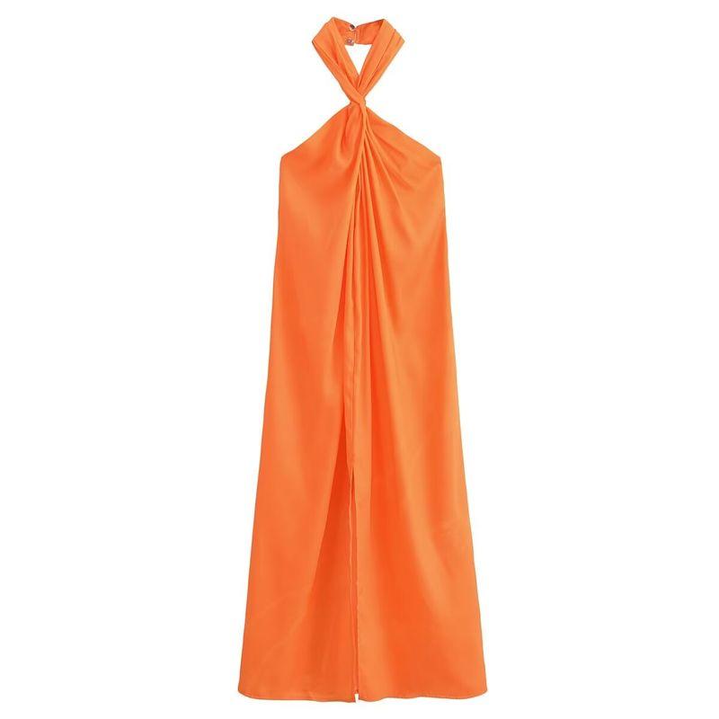 

Kaslead Новое поступление Женская одежда Модный стиль Модный Повседневный Атласный жаккардовый сарафан с халтером 7979611 Orange Red L