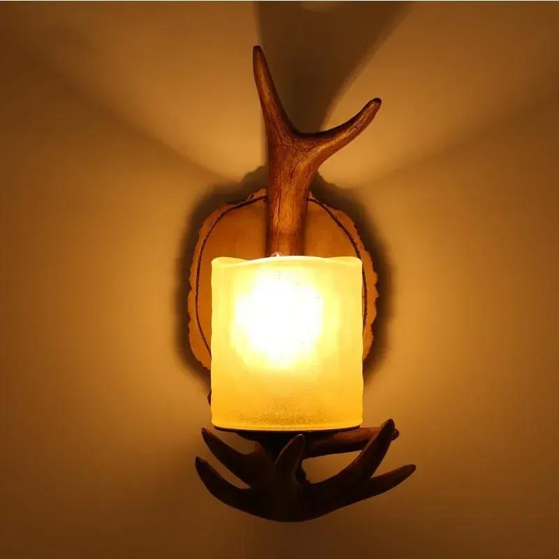 American Retro Deer Horn LED Wall Lamp Living Room Restaurant Bedroom Study Light Creative Coffee Shop Homestay Decor Lighting