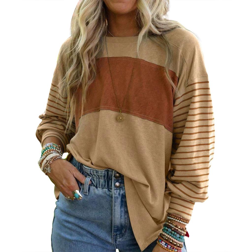 Women's Casual Loose Pullover Striped Contrast Color Long,sleeved T,shirt