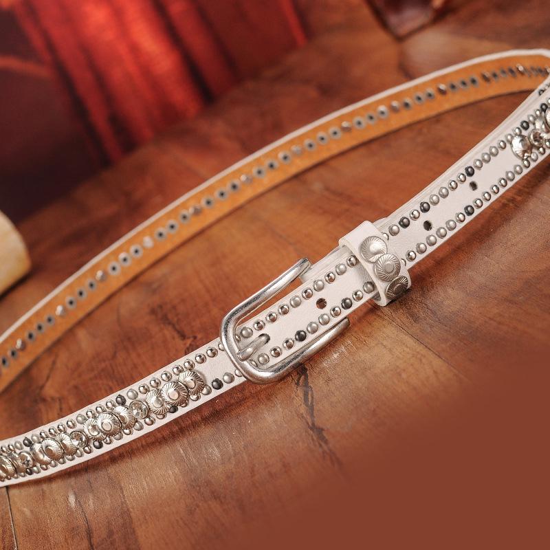 Ethnic Style Retro Rivet Leather Belt with Rhinestone Inlays for Women