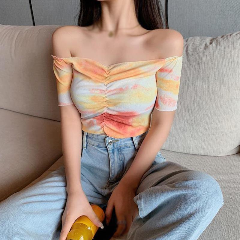 

Футболки с длинным рукавом с вырезом и принтом тай-дай, женские удобные пляжные укороченные топы для отдыха One Size