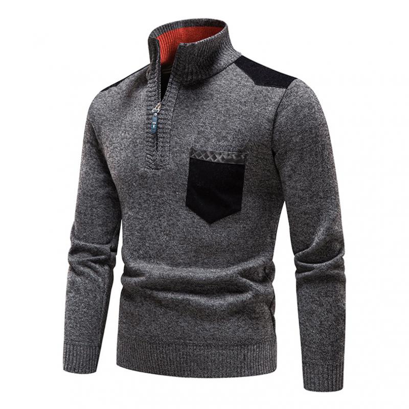 Winter Men Stand Collar Sweater Men Patchwork Knitwear Jumpers Slim Fit Brown Knitted Sweater Male Fleece Warm Pullover