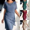 Damen Mode Chiffon Kleid Rundhals Kurzarm Einfarbig Faltenkleid Elegant Party Mitte