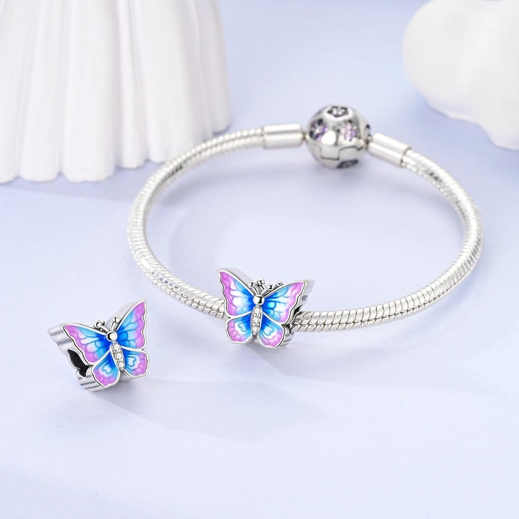 Fashion 925 Silver Colorful Butterfly Sparkling Beads Charms for DIY Bracelet Necklace Jewelry Making Gift