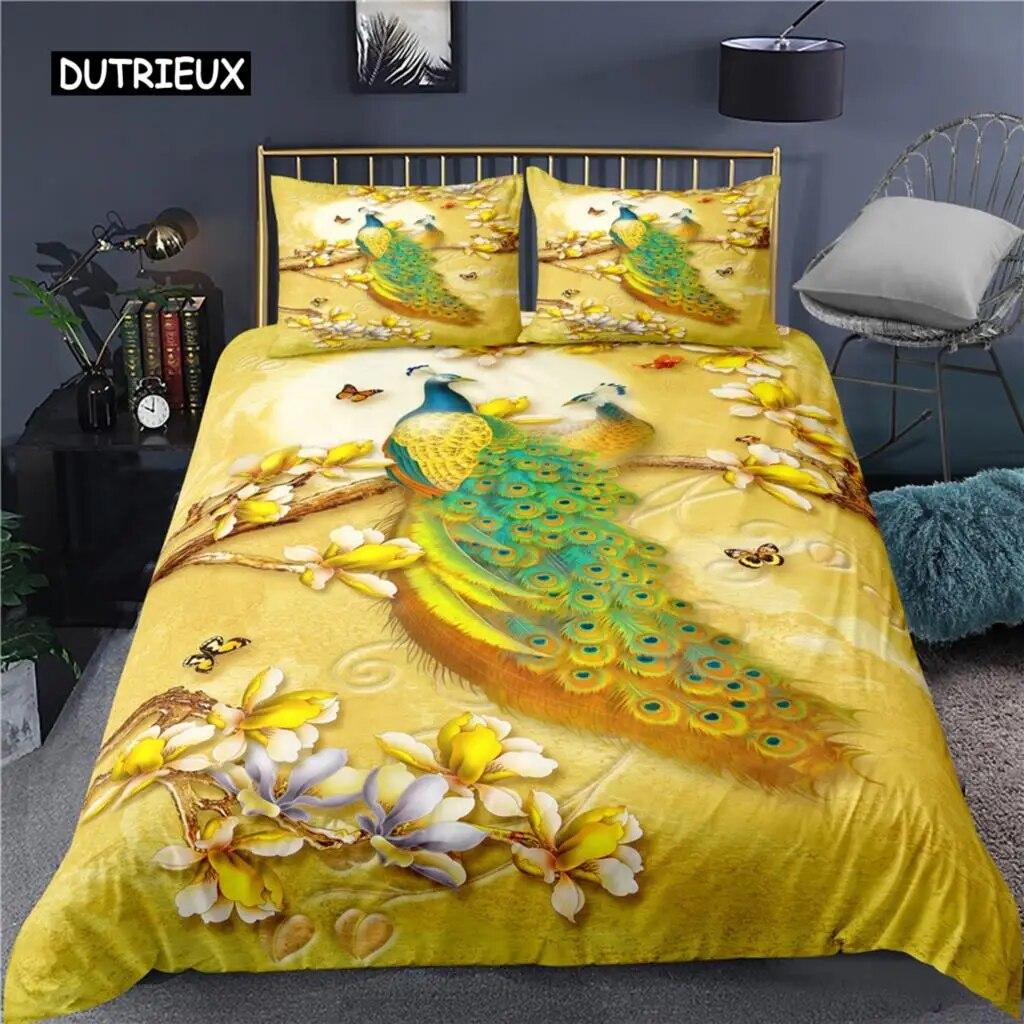 Peacock Duvet Cover Plum Blossom Decor Bedding Set King Size Crane Peacock Feather Floral Pattern Romantic Polyester Quilt Cover  Three-piece Set