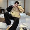 Autumn Winter Coral Fleece Men's Pajamas Set Thicken Flannel Warm Sleepwear Young Boy Loose Zipper Soft Pajama Fashion Cartoon Men Pyjama Home Wear